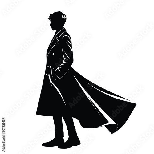 Silhouette of a man wearing a long coat with a flowing cape standing tall and confident with his hands in his pockets against a white background.