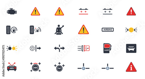 Collection of Car Dashboard Warning Indicator Symbols.