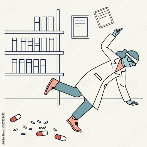 Funny scientist slipping on a trail of test tubes in the lab, flat vector illustration of a clumsy accident