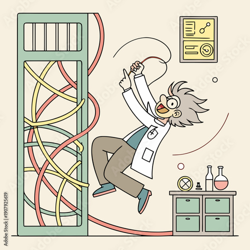 A scientist caught in the wires of his own complex machine, representing the challenges and entanglement of technological advancement. SVG.