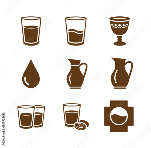 Brown icons of various coffee and tea drinks and objects on white background