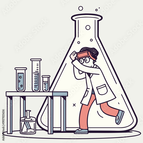 Scientist trapped inside a giant beaker, representing challenges and confinement within scientific research. Clean vector illustration.