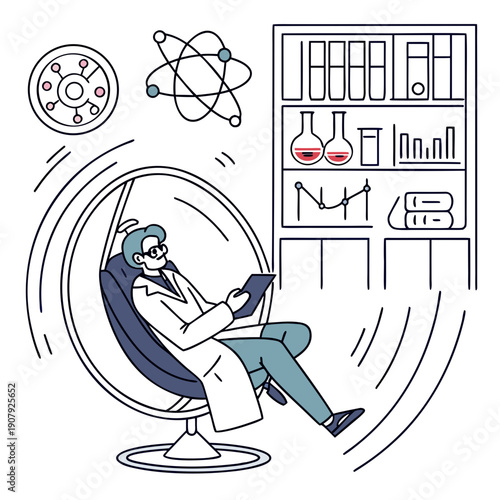 A scientist comically trapped in a spinning chair during a dynamic science experiment, capturing the thrilling and disorienting nature of research. SVG.