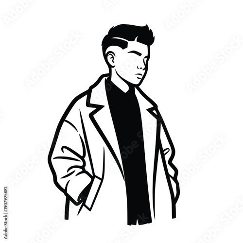 Stylish young man wearing a coat and standing confidently with one hand in pocket looking relaxed and fashionable in a simple black and white illustration.