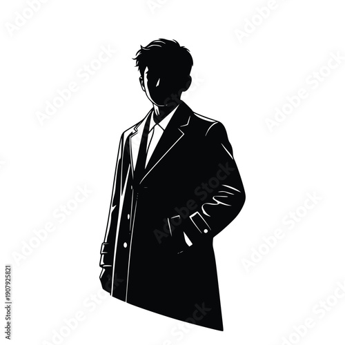 Professional businessman standing confidently with one hand in pocket wearing formal attire and a long coat with a crisp white shirt and tie.