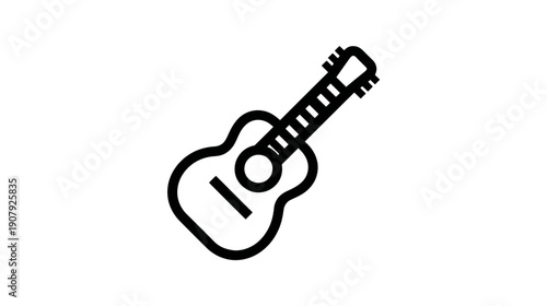 A black and white illustration of an acoustic guitar, slightly angled, on a white background