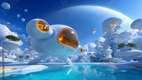 Futuristische weiße Kapseln mit goldenen Details in natürlicher Berglandschaft