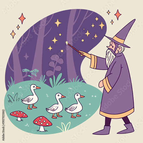 Charming Wizard's Spell Misfire: Magical Ducks Emerge Instead of Fiery Flames - Whimsical Art