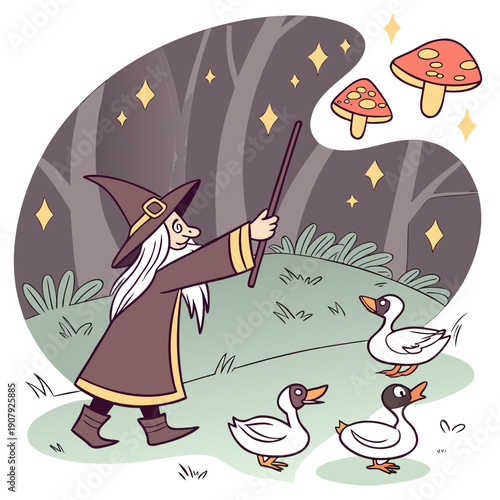 A Funny Cartoon Wizard Accidentally Casts a Spell That Creates Adorable Ducks Instead of Fire