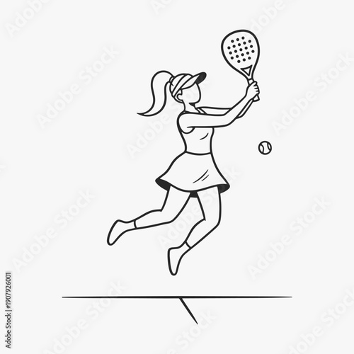 Flat Design one line Hand-drawn doodle funny stick outline figures with a woman playing Padel Tennis.