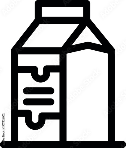 Simple bold line icon of a milk or juice carton with opened top and dripping content, isolated on white background