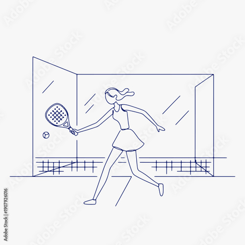Flat Design one line Hand-drawn doodle funny stick outline figures with a woman playing Padel Tennis.