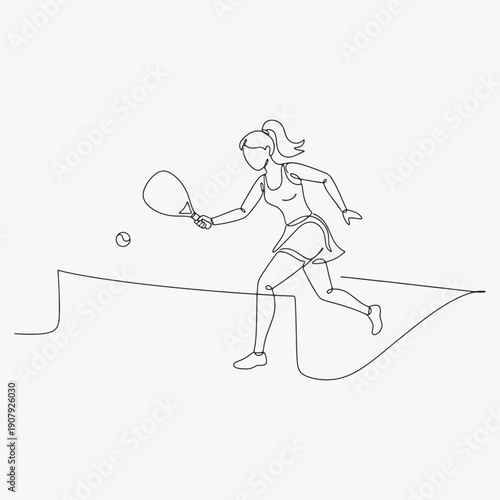 Flat Design one line Hand-drawn doodle funny stick outline figures with a woman playing Padel Tennis.