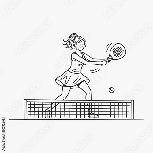 Flat Design one line Hand-drawn doodle funny stick outline figures with a woman playing Padel Tennis.