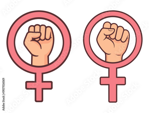 Bold vector illustration of the feminist symbol with a raised fist inside the female gender icon. Ideal for empowerment, activism, equality, women’s rights, International Women’s Day, and social aware