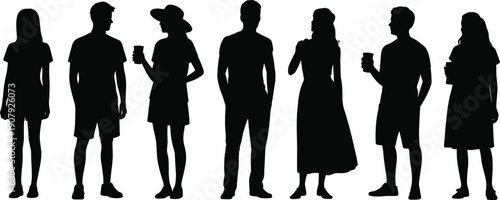 Casual summer people silhouette set, men and women standing with drinks, leisure lifestyle concept, anonymous human figures, isolated white background