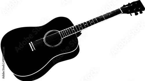 Black acoustic guitar illustration, angled. Features detailed representation of instrument components