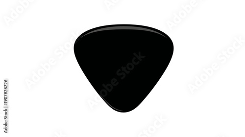 A black, glossy, teardrop-shaped pick, isolated on a white background. It's used in music