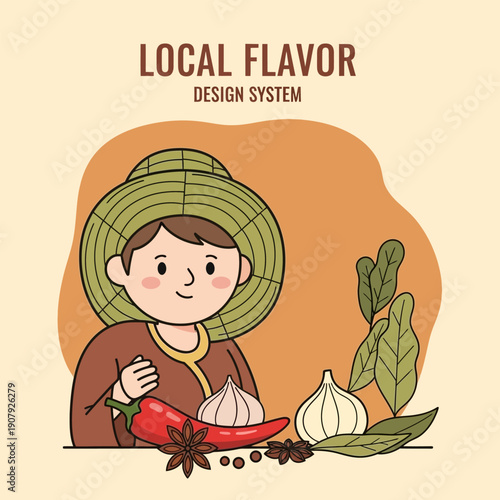 Colorful illustration of a person in a conical hat holding a chili, surrounded by garlic and spices, symbolizing authentic local culinary flavors