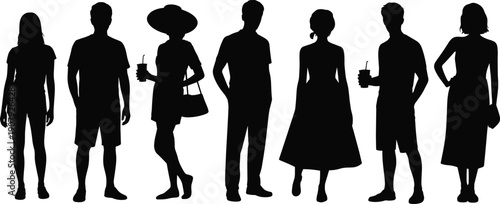 Summer people silhouette collection, men and women casual outfits holding drinks, vacation lifestyle concept, anonymous human figures, isolated white background