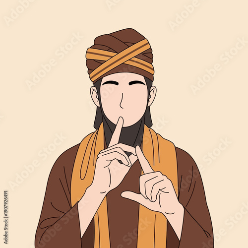 A person in traditional clothing making a shushing gesture, conveying silence or secrecy