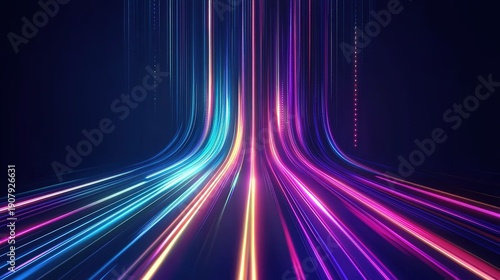 Dark blue abstract background with colorful dynamic light lines, speed and technology atmosphere, vertical composition for banner poster, high-speed internet enhances data transfer