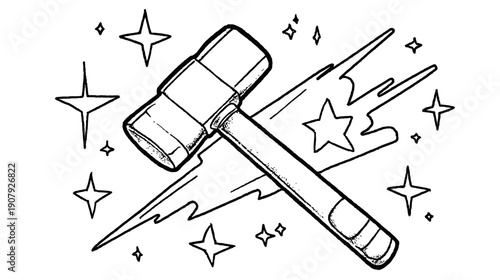 A cartoon depiction of a hammer striking with cosmic energy and sparkling star-shaped bursts