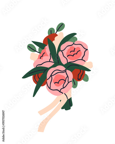 Flower bouquet. Floral arrangement, bunch with peony, rose blossoms, ribbon and leaf greenery. Romantic spring gift for wedding, birthday. Flat vector illustration isolated on white background