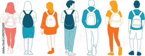 Students with backpacks illustration set, back view school college youth walking, education lifestyle concept, flat vector characters, isolated white background