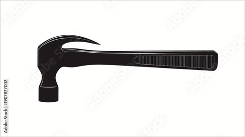 A simple, black-and-white illustration of a claw hammer, used for construction and home repair