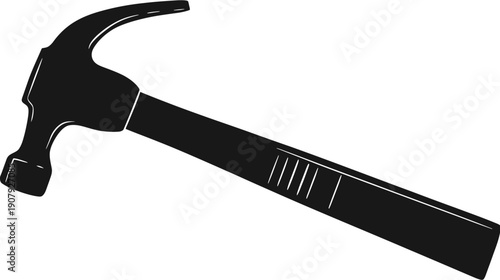 A black and white illustration of a claw hammer, depicted in a minimalist style