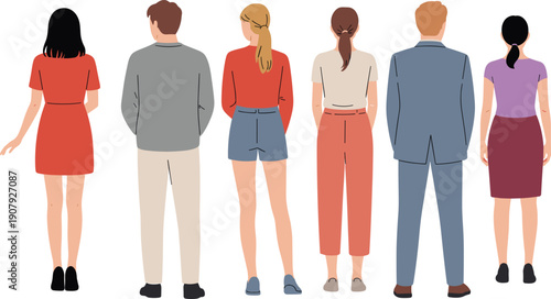 People back view illustration set, men and women standing rear perspective, casual business outfits, flat cartoon characters, isolated white backgroundPeople back view illustrati
