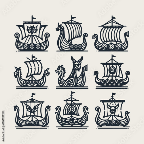 Viking ship vector icon set