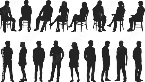 People sitting and standing silhouette collection, men and women chair poses, interview meeting lifestyle concept, anonymous human figures, isolated white background