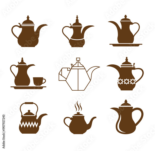 Brown tea kettles and teapots in various designs on white background