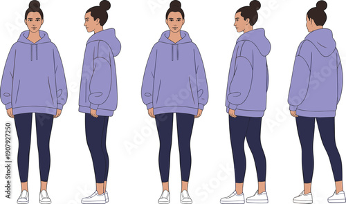 Female hoodie outfit illustration, casual woman character front side back views, modern streetwear clothing design, flat vector fashion, isolated background