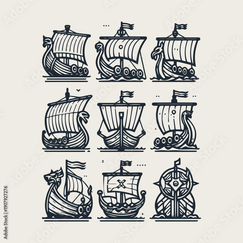 Viking ship vector icon set
