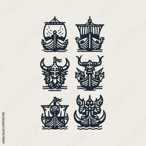 Viking ship vector icon set