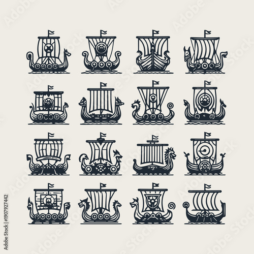 Viking ship vector icon set