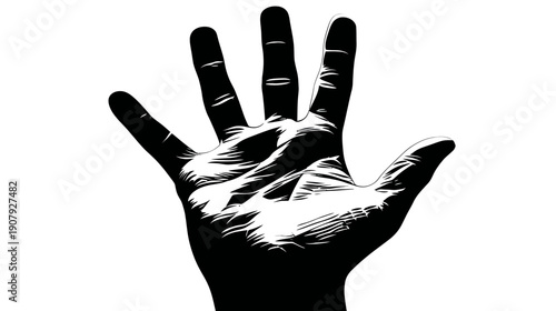 A high-contrast illustration of a human hand, palms up, with fingers outstretched and slightly curved