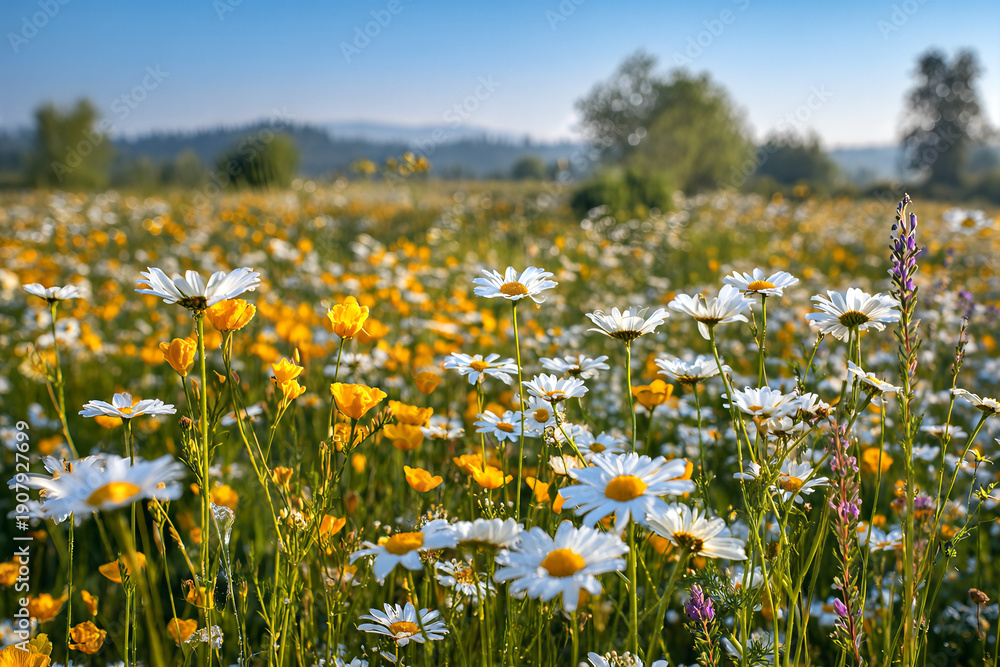 Fototapeta premium European botanist's field study in a sunlit spring meadow of white oxeye daisies, golden buttercups and purple spike wildflowers