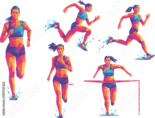 Colorful female athlete polygon illustration, running jumping hurdling poses, dynamic sports motion, modern geometric art style, isolated white background vector