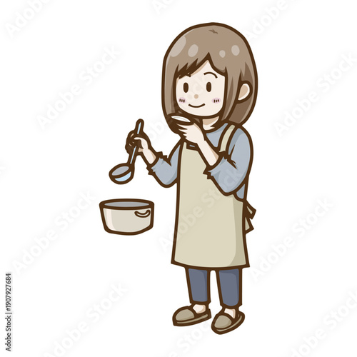 料理の味見をするエプロン姿の女性のイラスト（キッチン・家事）