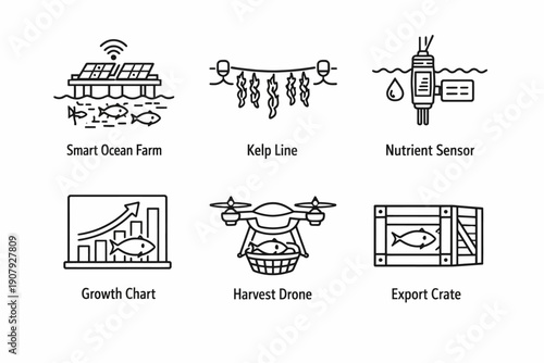 Innovative aquaculture: smart ocean farm, kelp line, nutrient sensor, growth chart, harvest drone, export crate