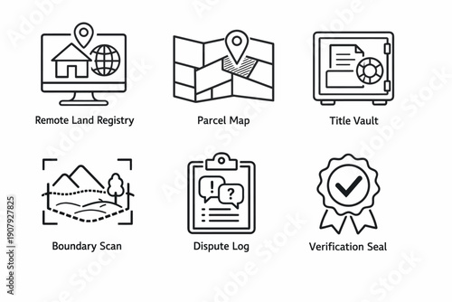 Icon set for remote land registry, parcel map, title vault, boundary scan, dispute log, verification seal