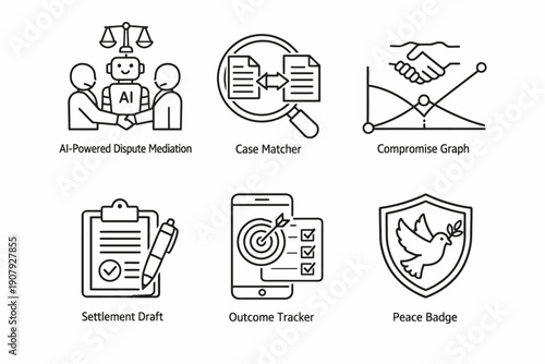 Ai-powered mediation icons: dispute resolution and outcome tracking