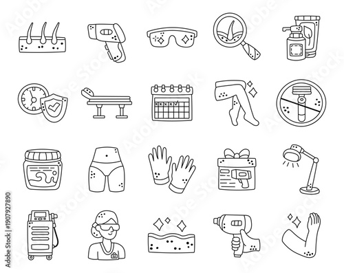 Laser epilation set in outline line art showing hair removal procedures clinic equipment skincare safety tools calendar sessions treatment body care