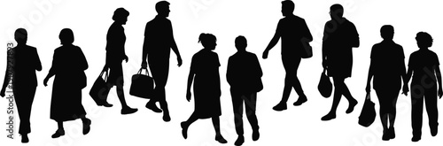 Walking people silhouette collection, men and women carrying bags, urban commuters and shoppers, anonymous human figures, isolated white background illustration