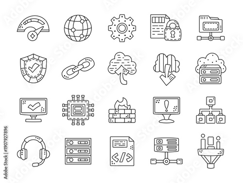 Web hosting set in outline line art showing infrastructure security performance administration monitoring servers network data protection control processing balancing support