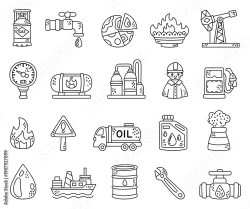 Petroleum industry equipment set in outline line art gas oil extraction processing transport storage safety infrastructure systems operations for your designs projects